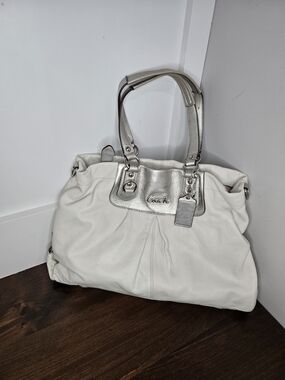 Coach White Leather Tote with Silver Accents